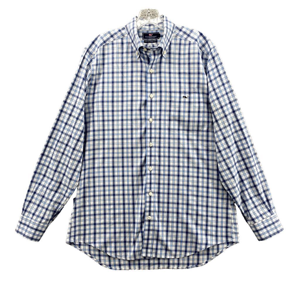 Vineyard Vines Tucker Shirt Mens Med Blue Slim Plaid Performance Corpcore Preppy